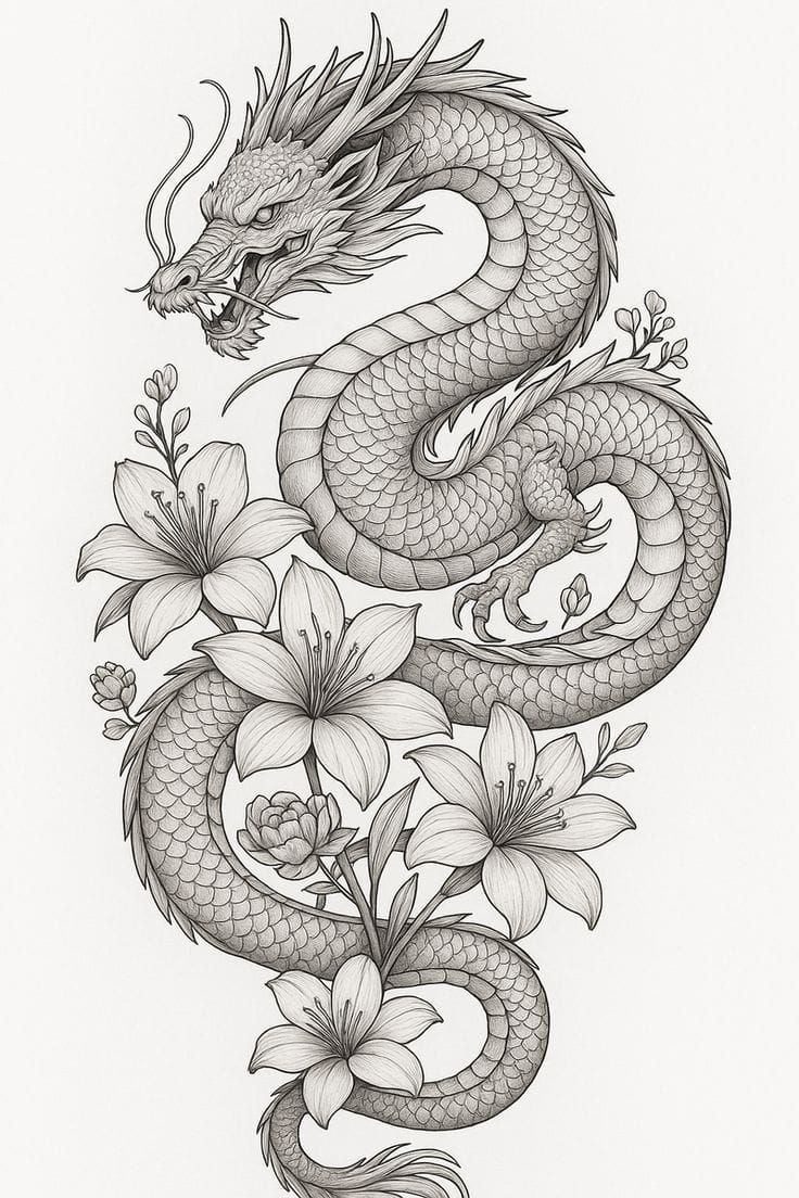 Desenho de Dragão: dragão simples com flores para desenhar