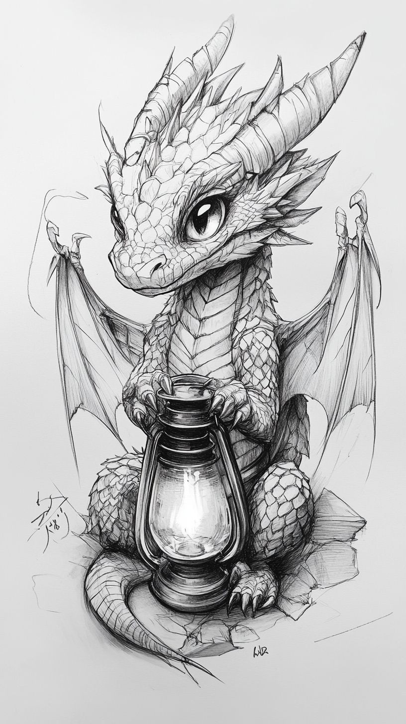 Desenho de Dragão: Dragão fofo segurando uma lanterna a lápis