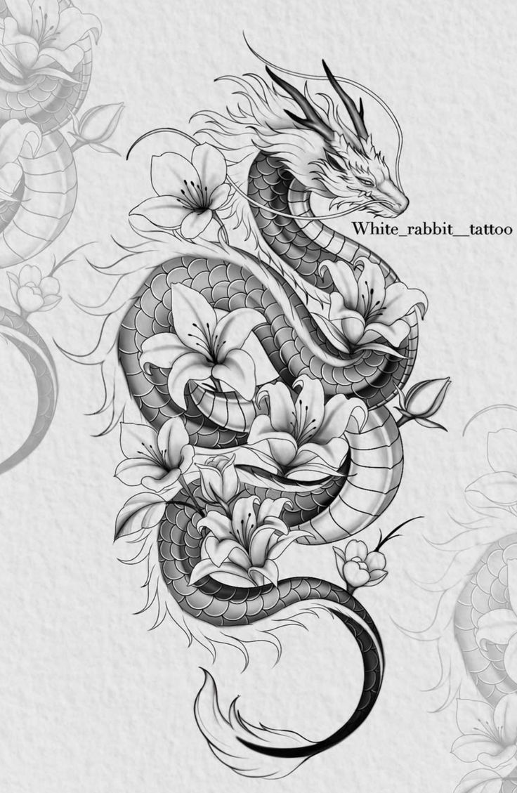 Desenho de Dragão: Dragão fofo com flores para desenhar
