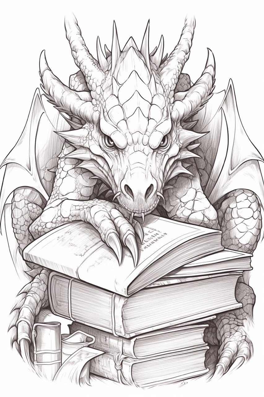 Desenho de Dragão: Dragão feroz em cima de livros para desenhar