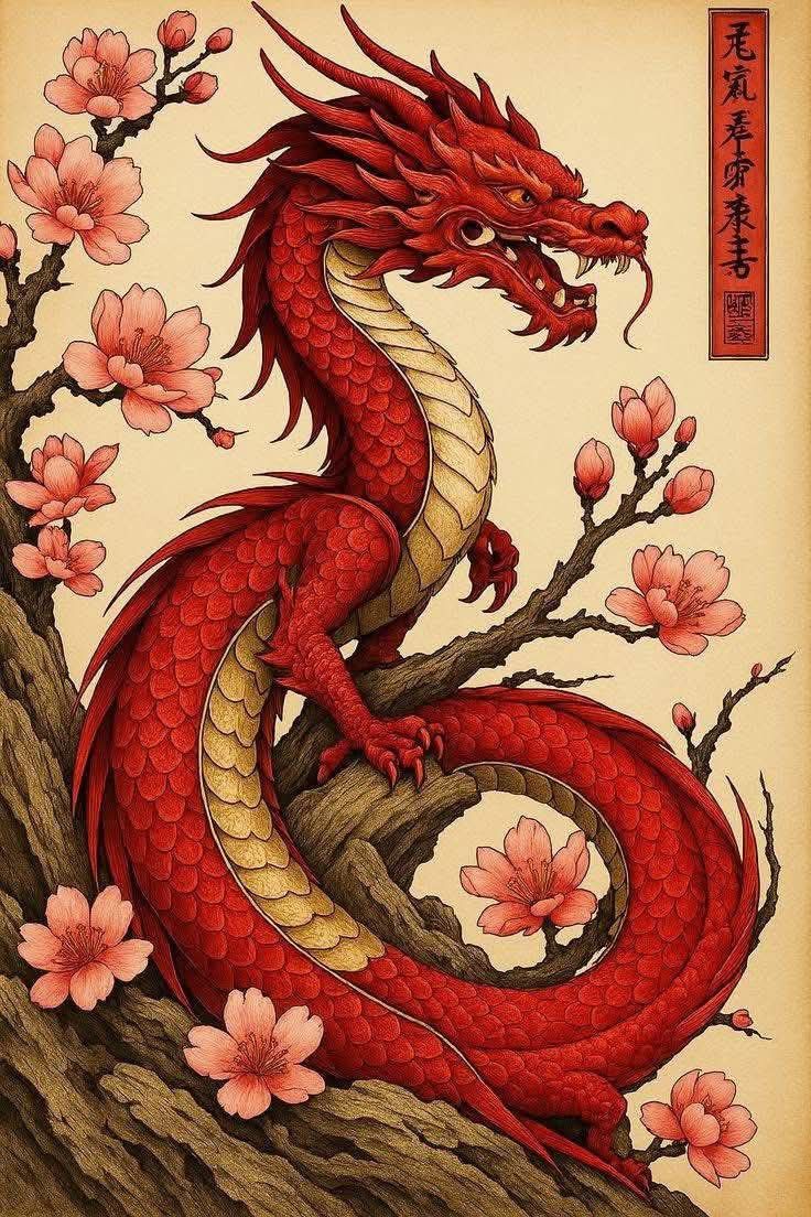 Desenho de Dragão: Dragão vermelho com flores para desenhar