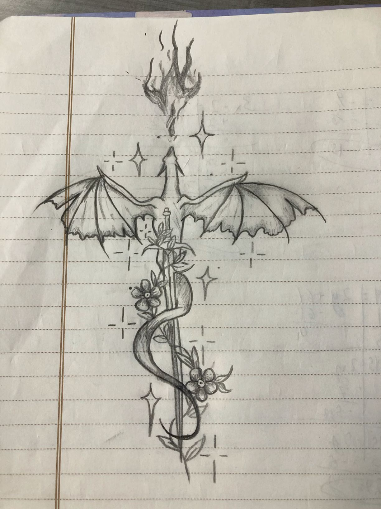 Desenho de Dragão: Dragão estilizado com bastão e asas