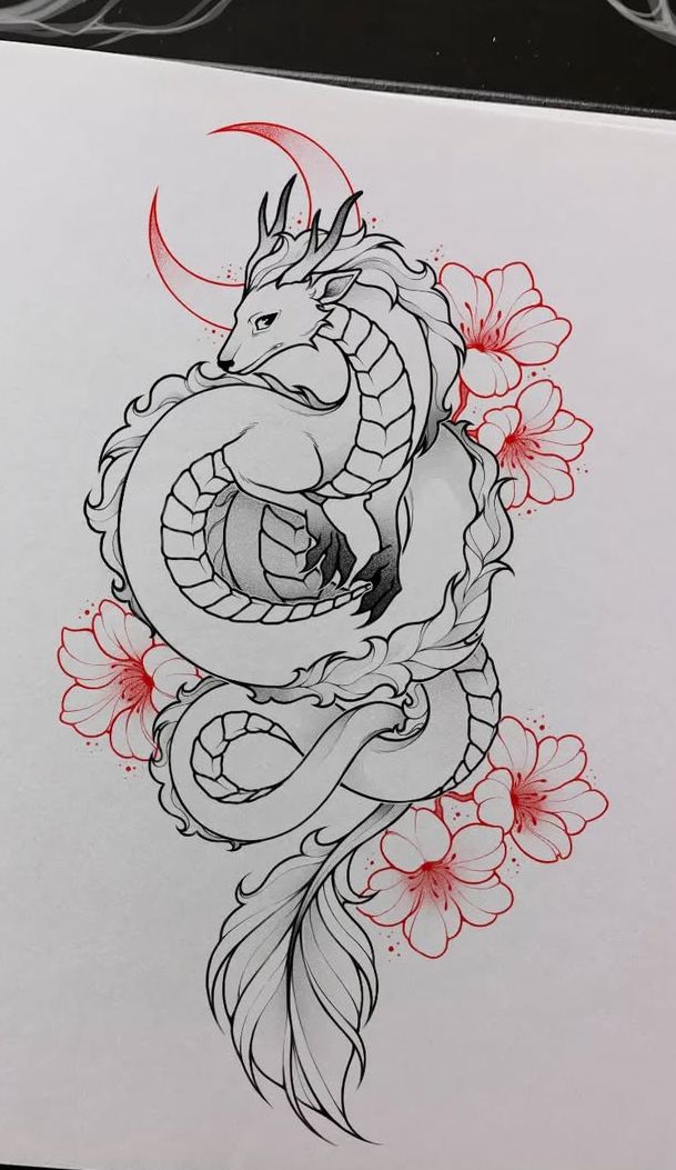 Desenho de Dragão: Dragão fofo com flores para desenhar