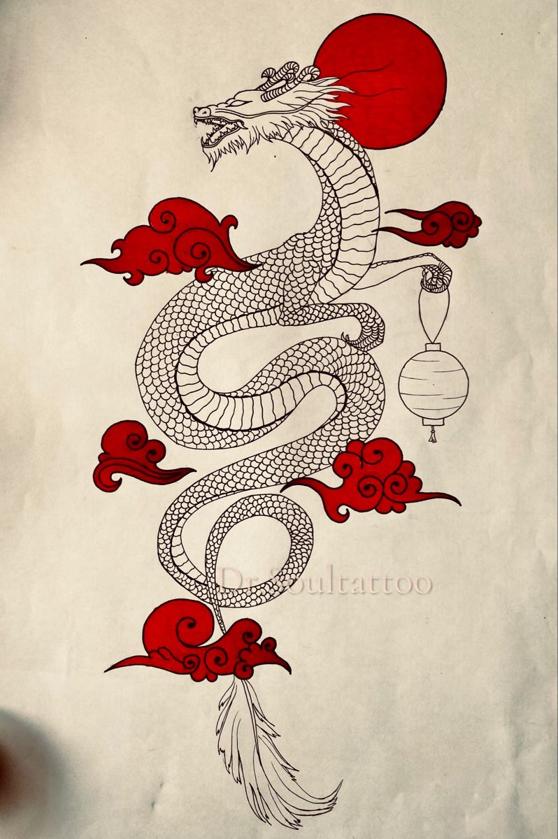 Desenho de Dragão: Dragão realista com sol e nuvens para desenhar