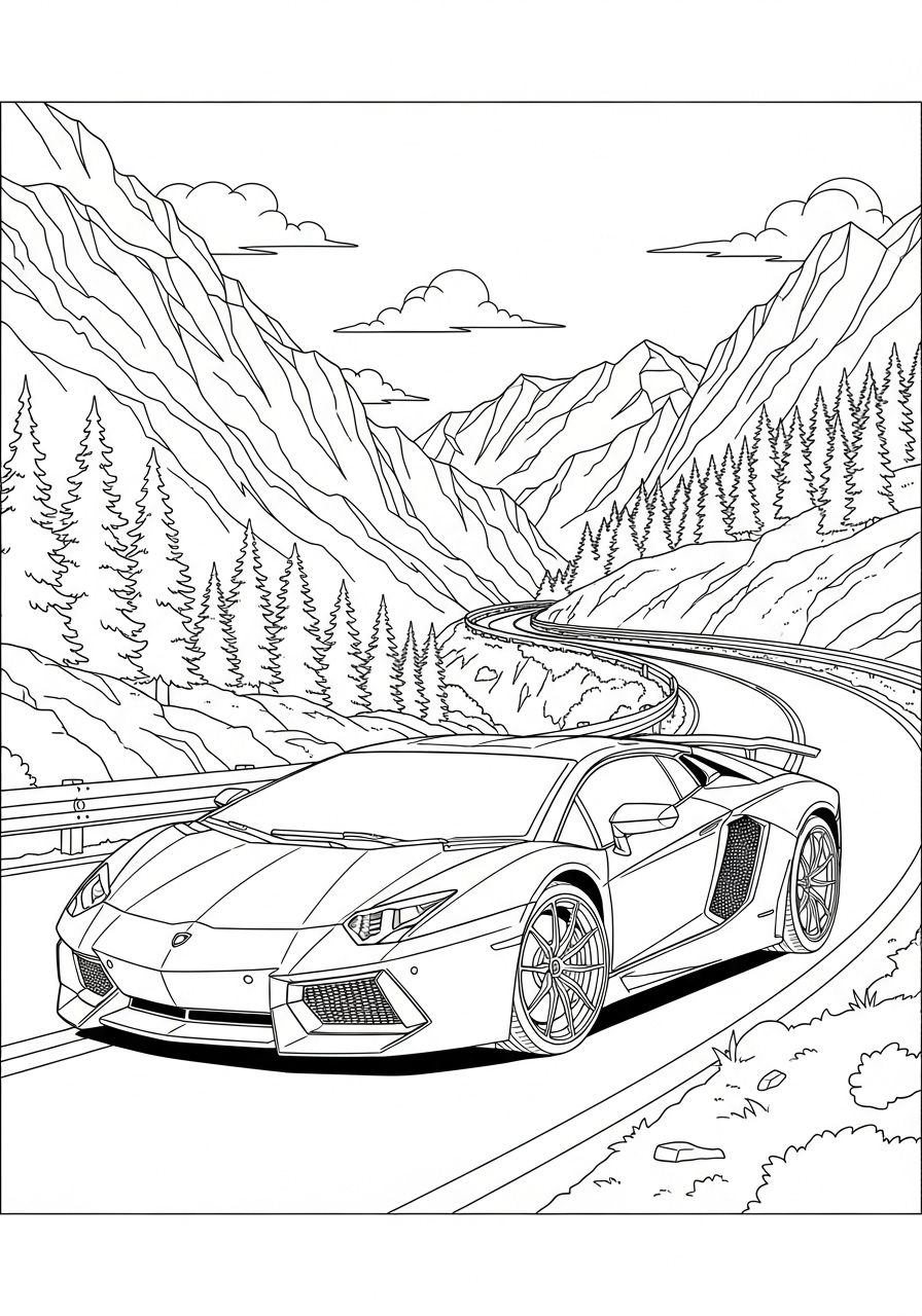 Desenho de Lamborghini Aventador em paisagem montanhosa