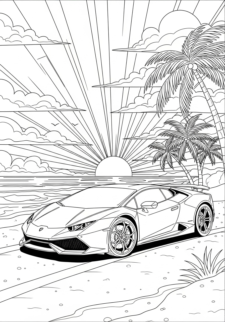 Desenho de Lamborghini em cenário de praia para colorir