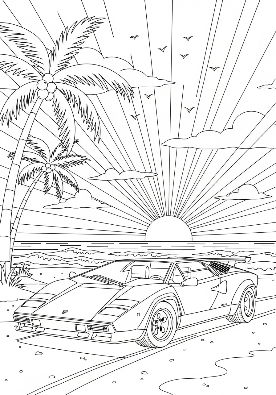 Desenho de Lamborghini Countach em cenário de praia