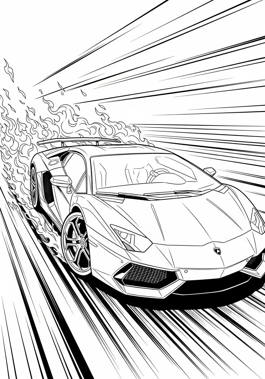 Desenho de Lamborghini em movimento com detalhes para colorir