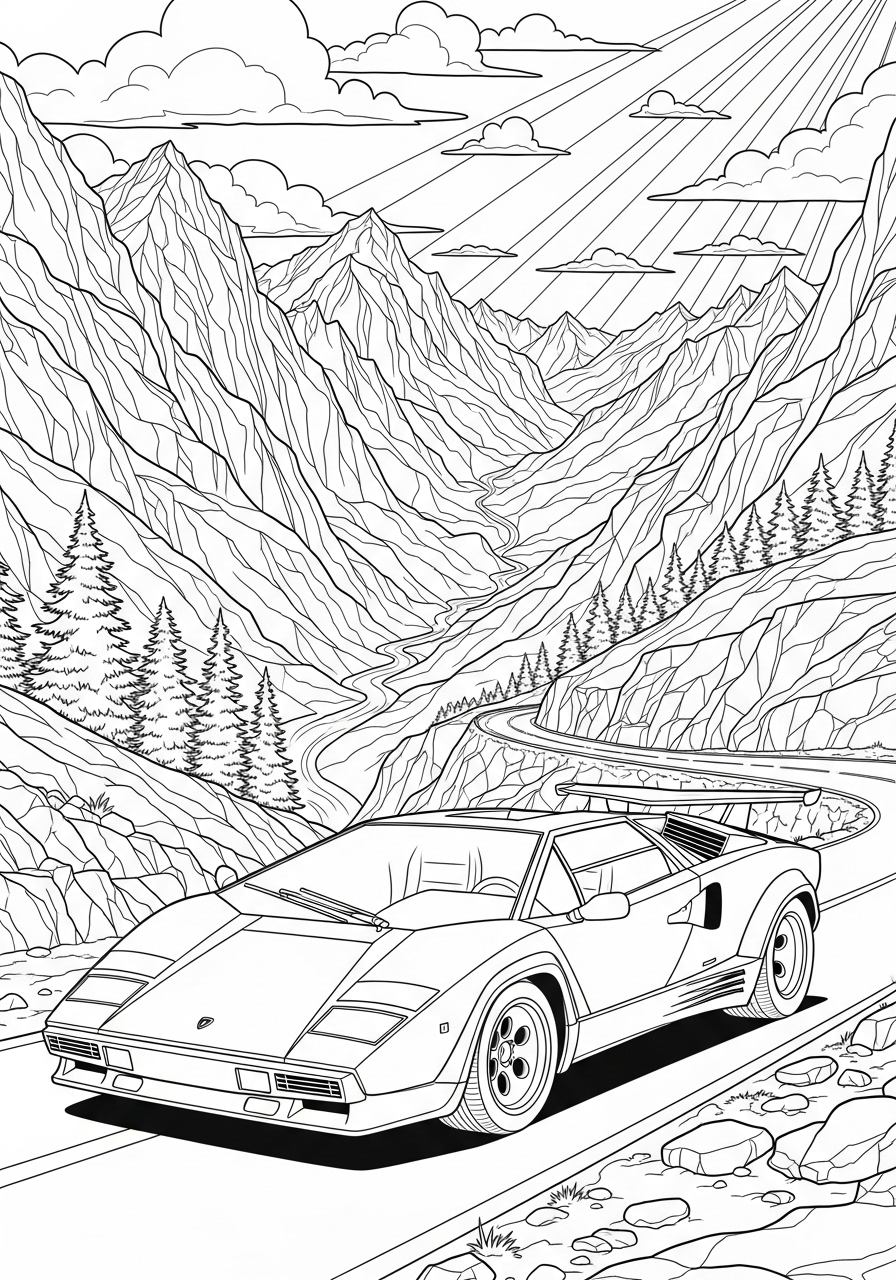 Desenho de Lamborghini em meio a montanhas para colorir