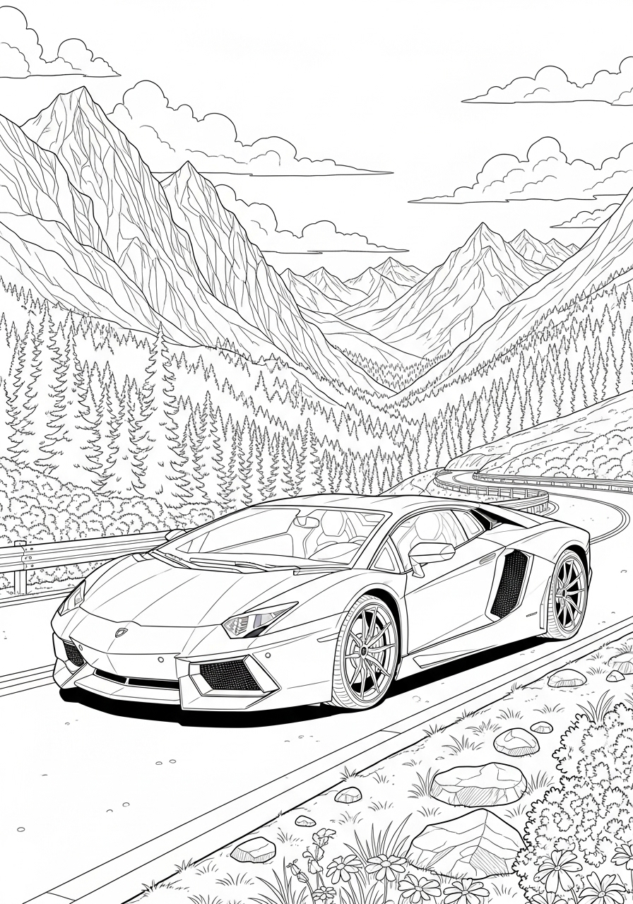 Desenho de Lamborghini Aventador em cenário natural