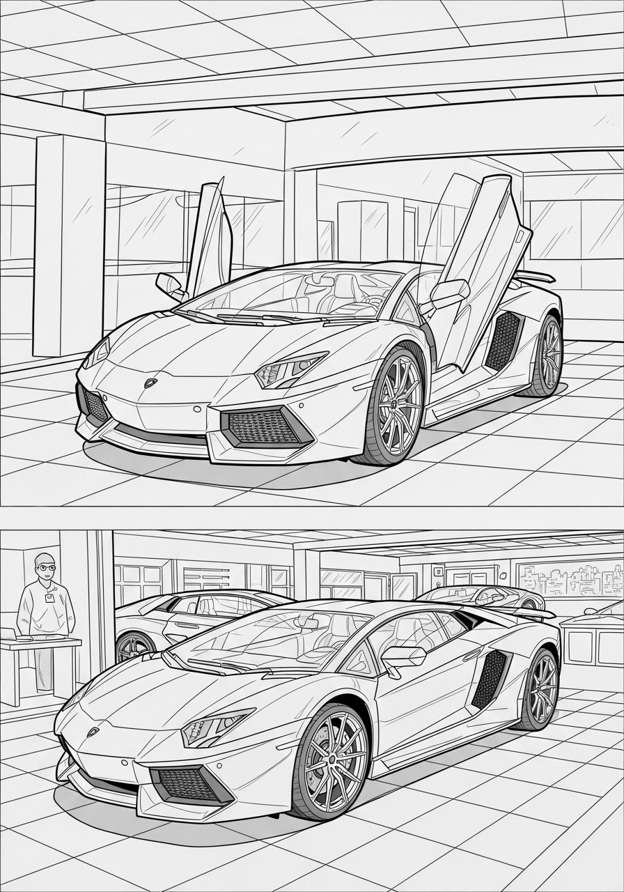 Desenho de Lamborghini Aventador em um ambiente interno
