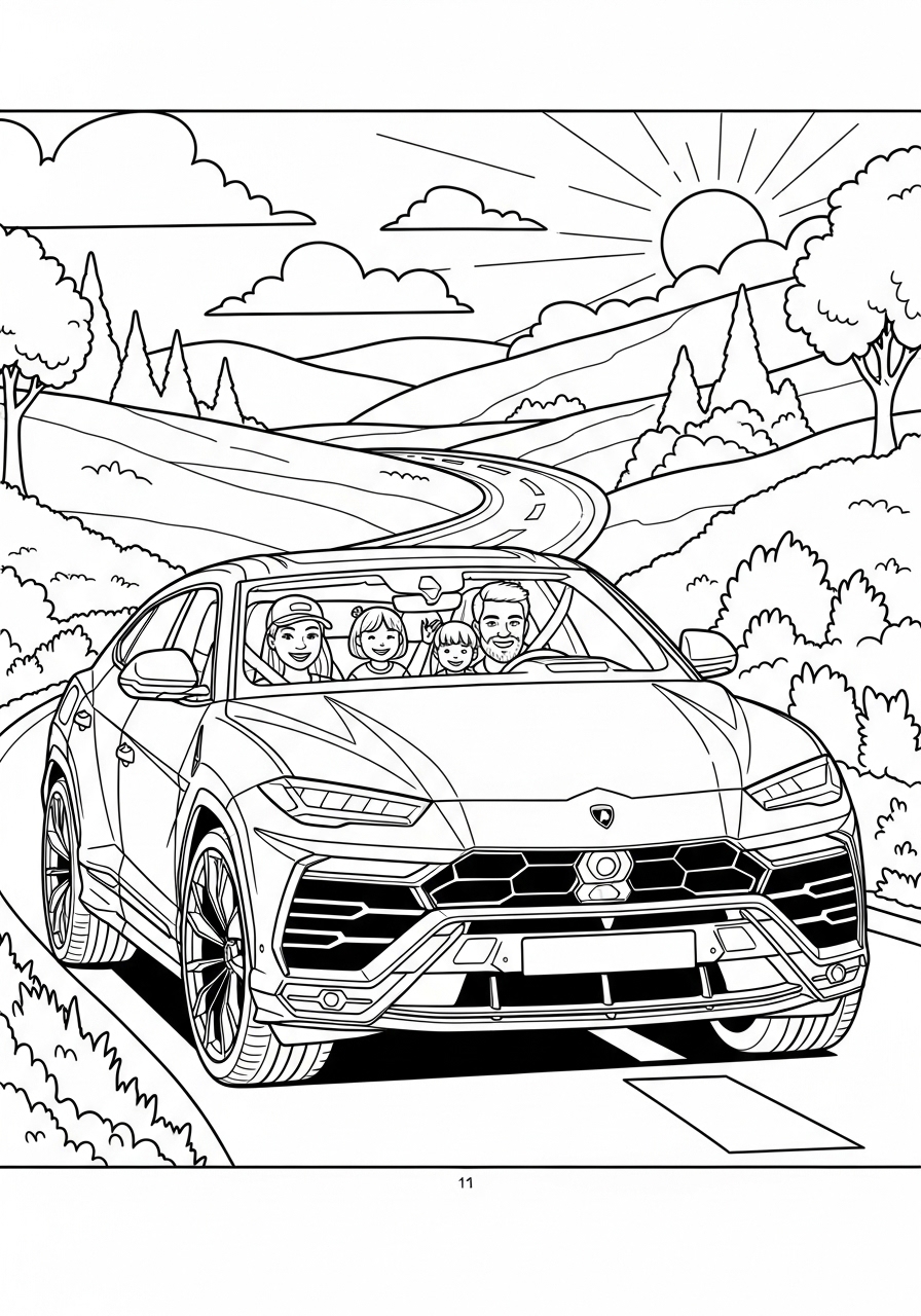 Desenho de Lamborghini Urus SUV em estrada para colorir