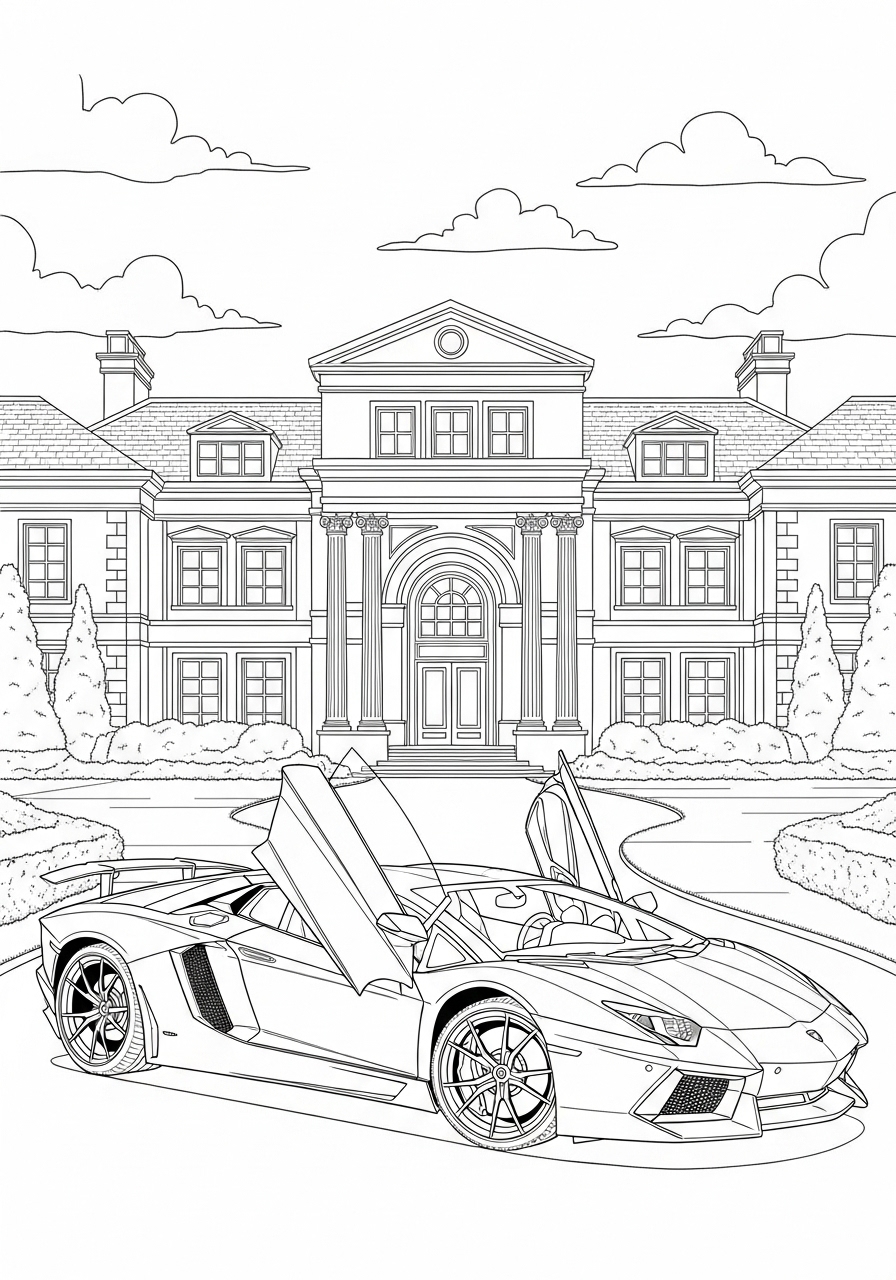 Desenho de Lamborghini Aventador em frente a uma mansão