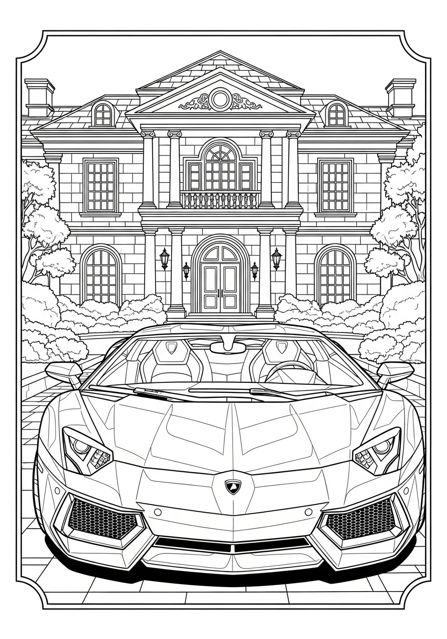 Desenho de Lamborghini em frente a uma mansão para colorir