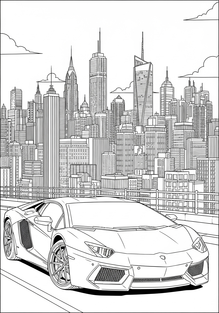 Desenho de Lamborghini Aventador em cenário urbano para colorir