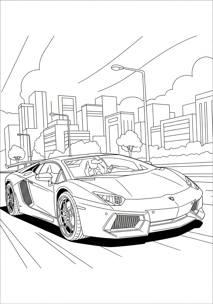 Desenho de Lamborghini SUV com paisagem urbana ao fundo
