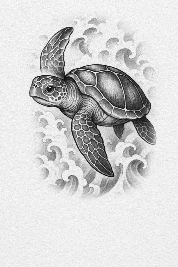 Desenho de Tartaruga: tartaruga fofa nadando entre ondas