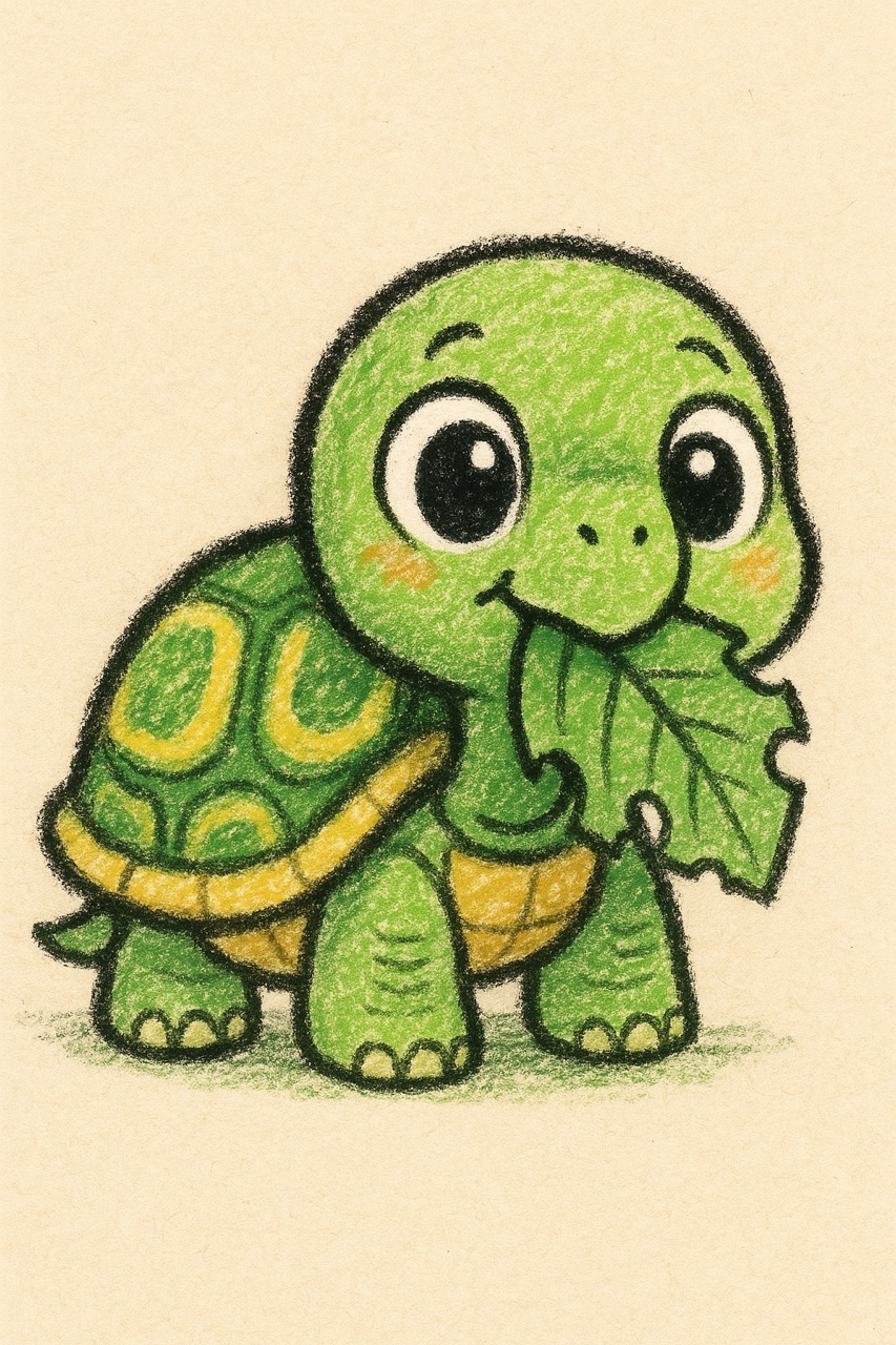 Desenho de Tartaruga: Tartaruga fofa com folha na boca