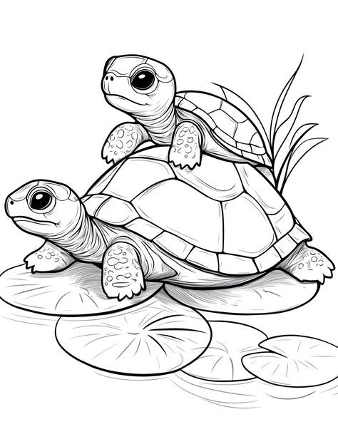 Desenho de Tartaruga: Tartarugas fofas em um lago para desenhar