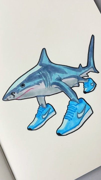 Desenho de Tubarão: Tubarão fofo com tênis para desenhar