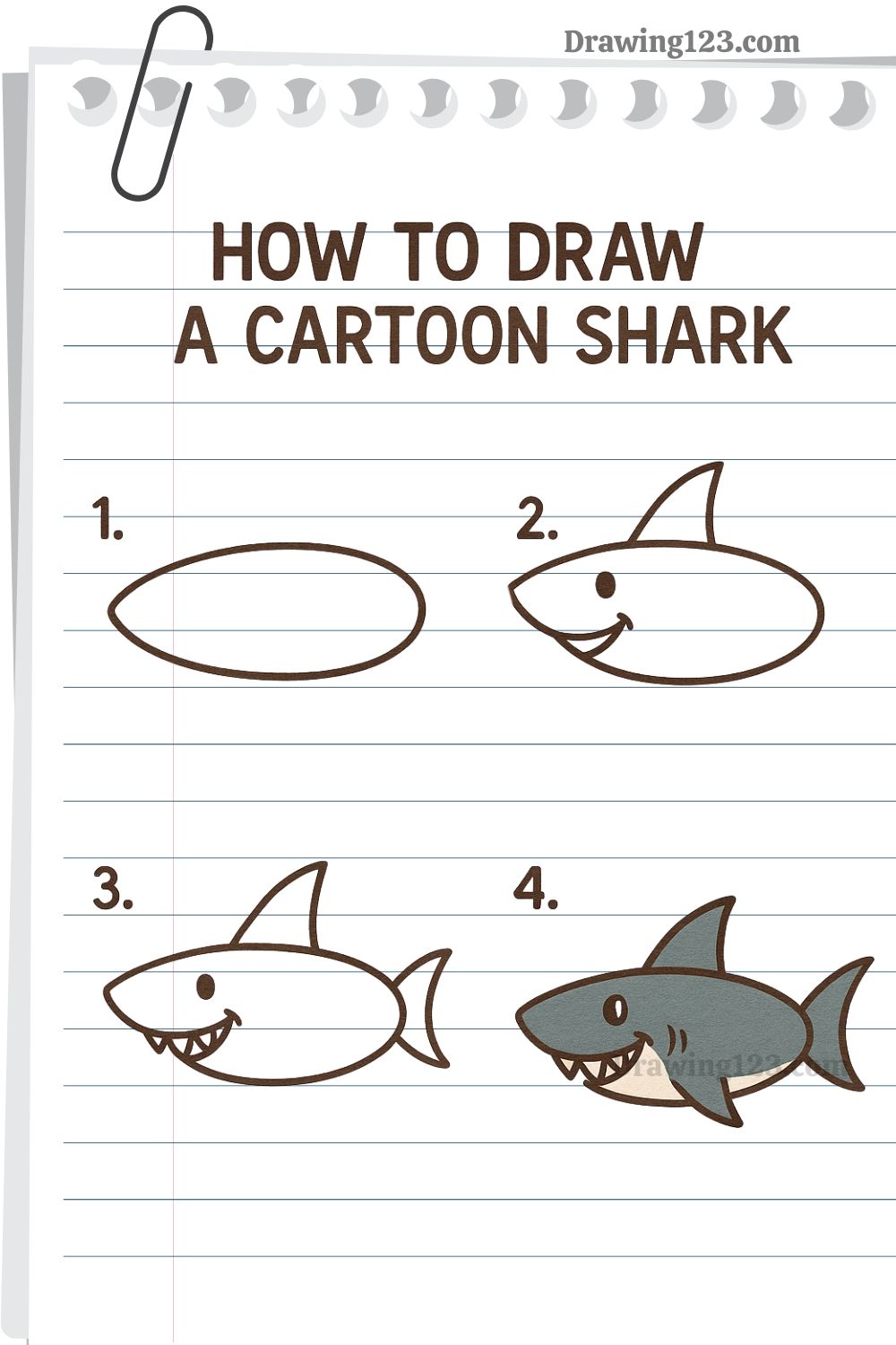 Desenho de Tubarão: Tubarão fofo em passos simples