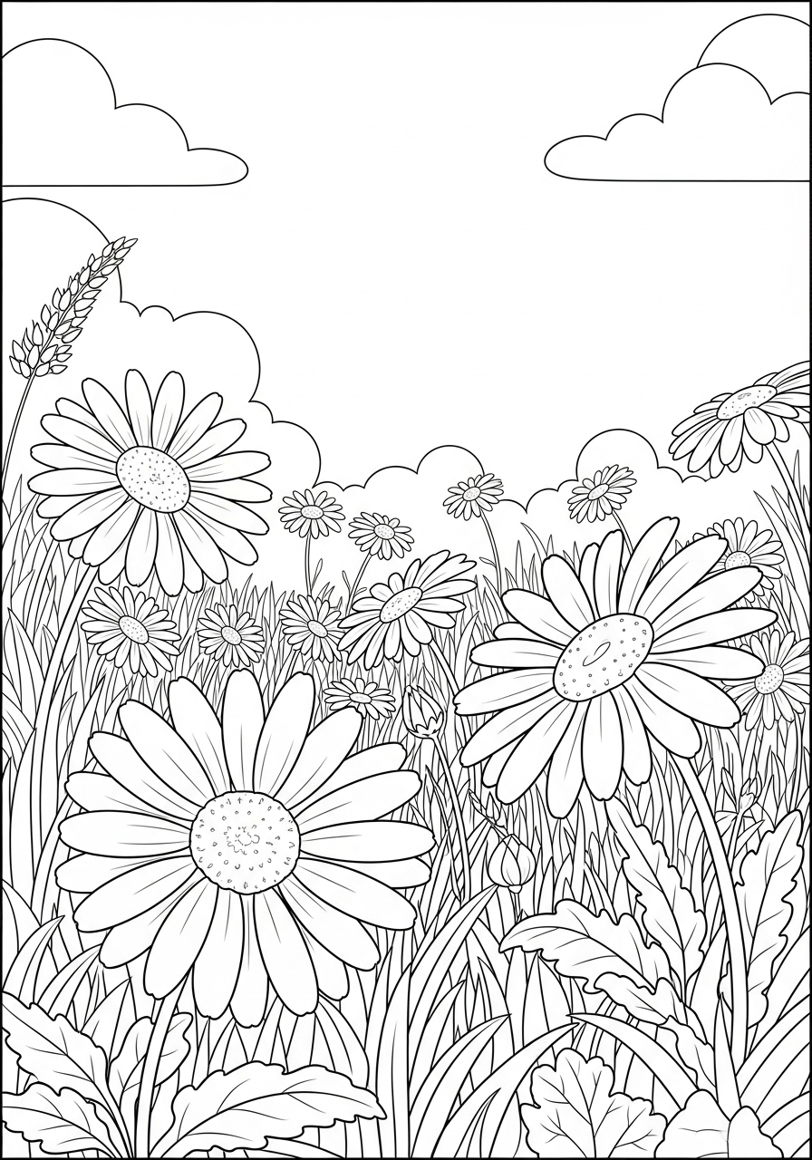 Desenho de flores margaridas em um campo para imprimir