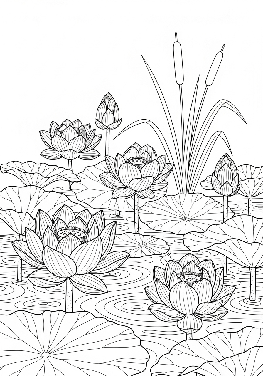 Desenho de flores de lótus em lago para imprimir e colorir