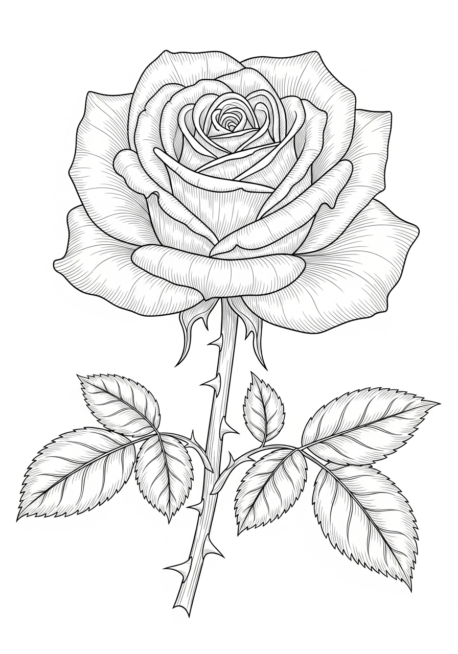 Desenho da Rosa com espinhos para imprimir e colorir