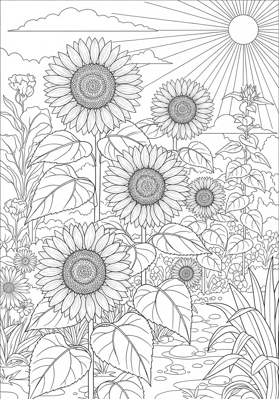 Desenho de girassóis em um campo para imprimir e colorir