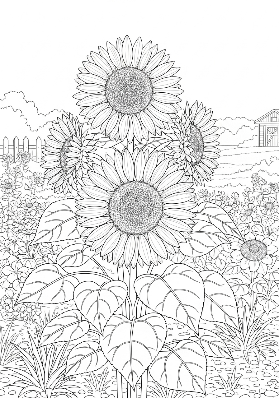 Desenho de Flores Girassóis em um campo para imprimir e colorir