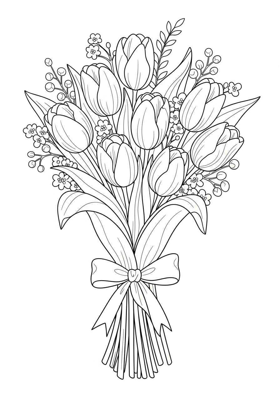 Desenho de buquê de flores tulipas para imprimir e colorir