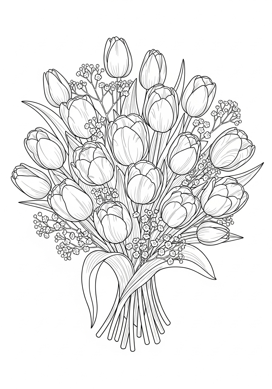 Desenho de buquê de flores Tulipas para imprimir e colorir