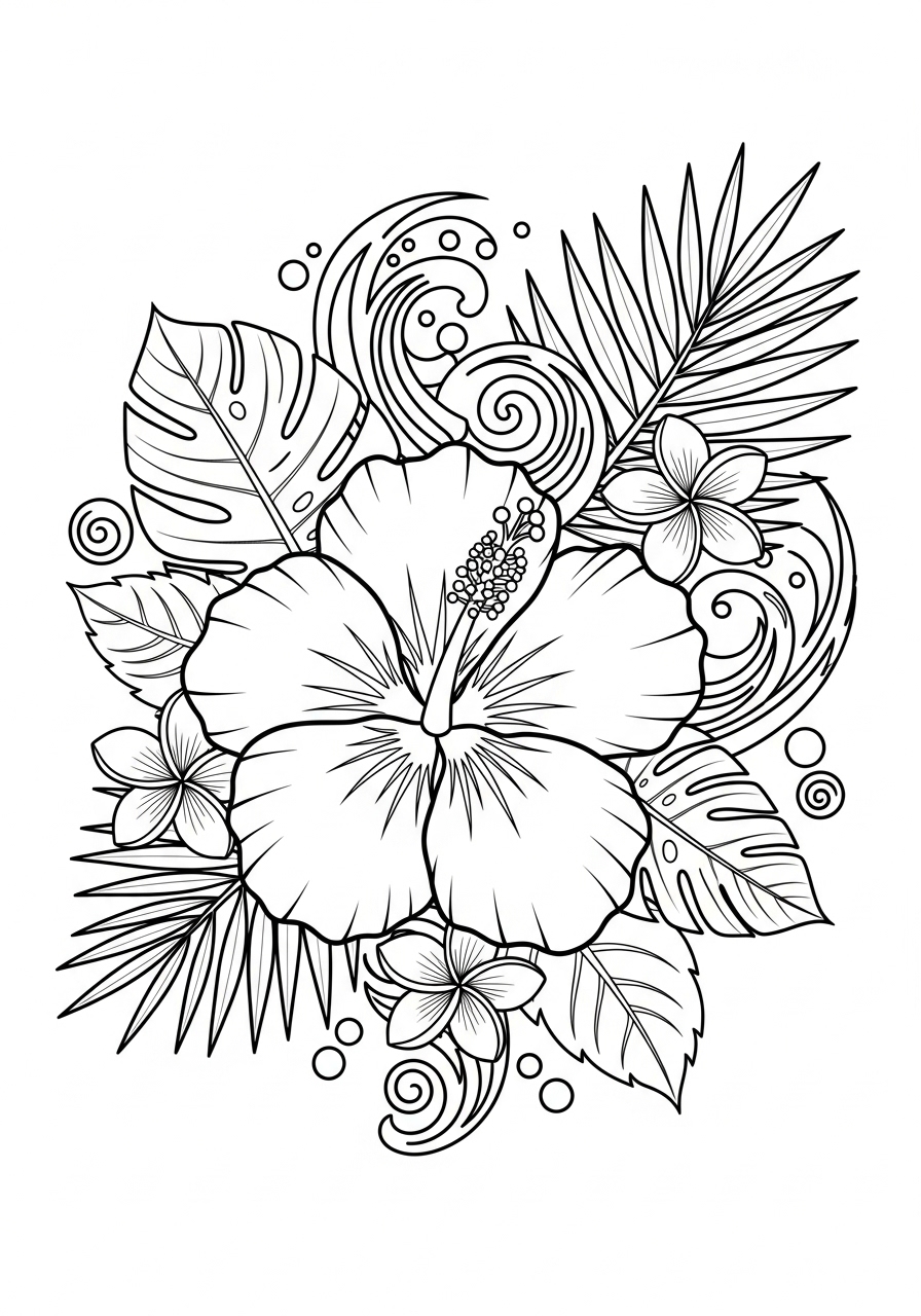 Desenho de Flor Hibisco com folhagens para imprimir e colorir
