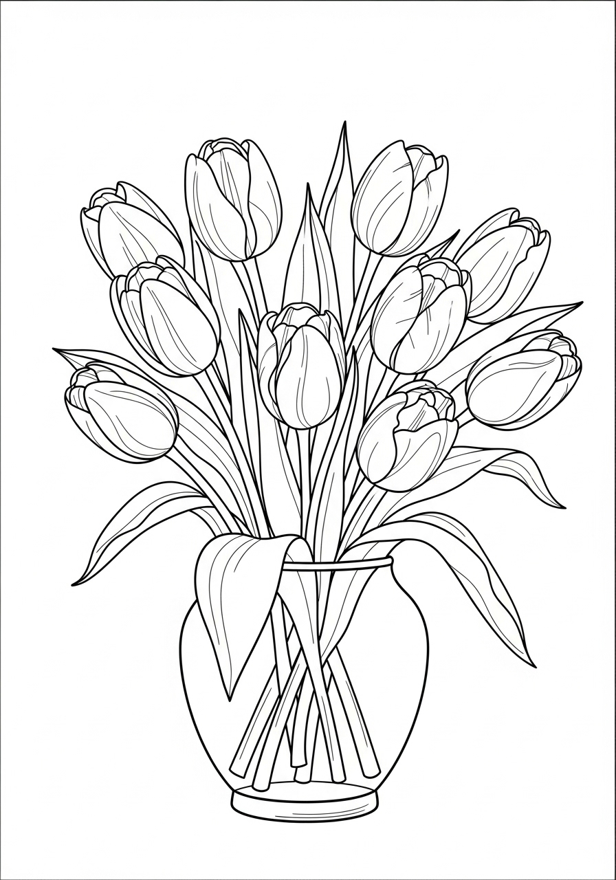 Desenho de flores tulipas em vaso para imprimir e colorir