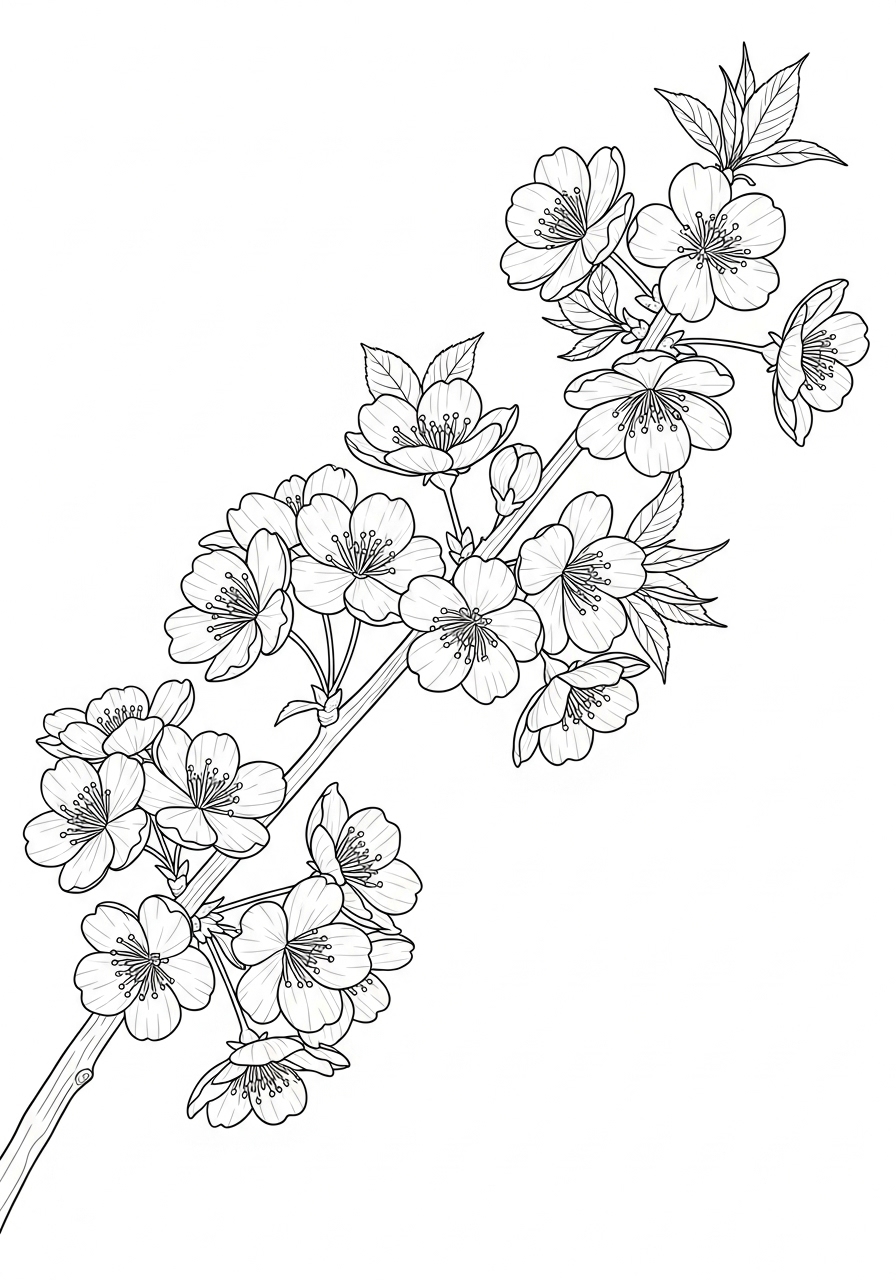 Desenho de flor de cerejeira para imprimir e colorir