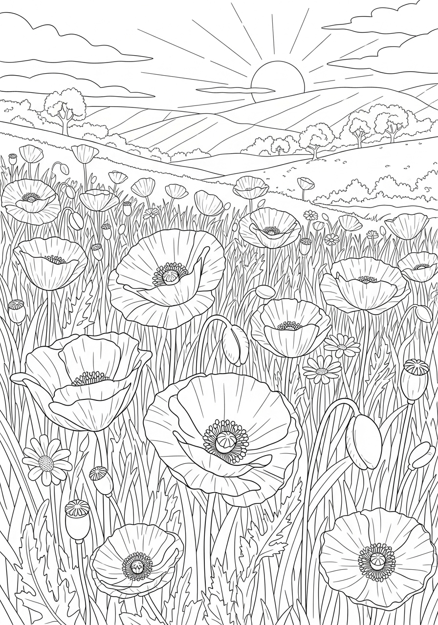 Desenho de um campo de flores com sol ao fundo