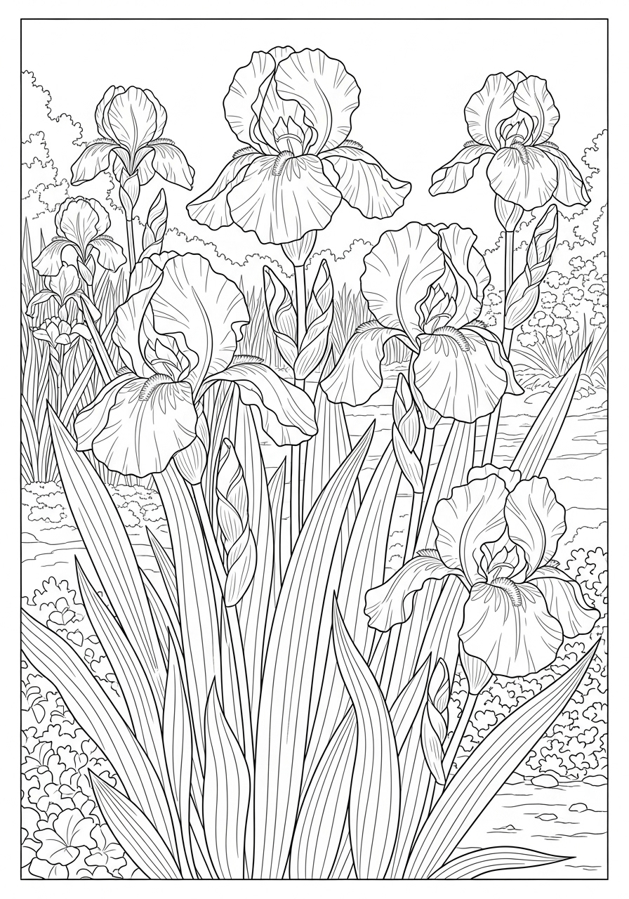 Desenho de Flores Íris com folhagens para imprimir e colorir