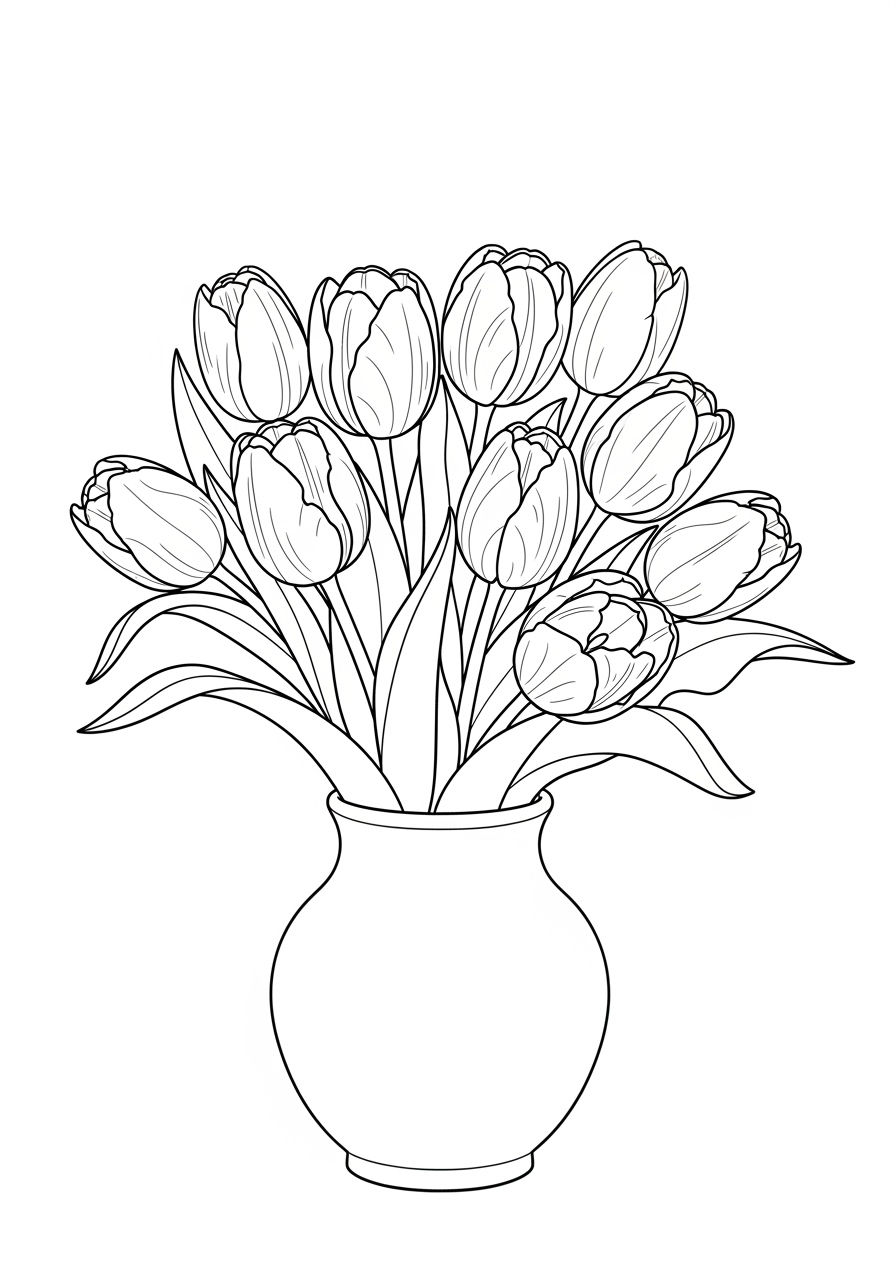 Desenho de flores tulipas em vaso para imprimir e colorir