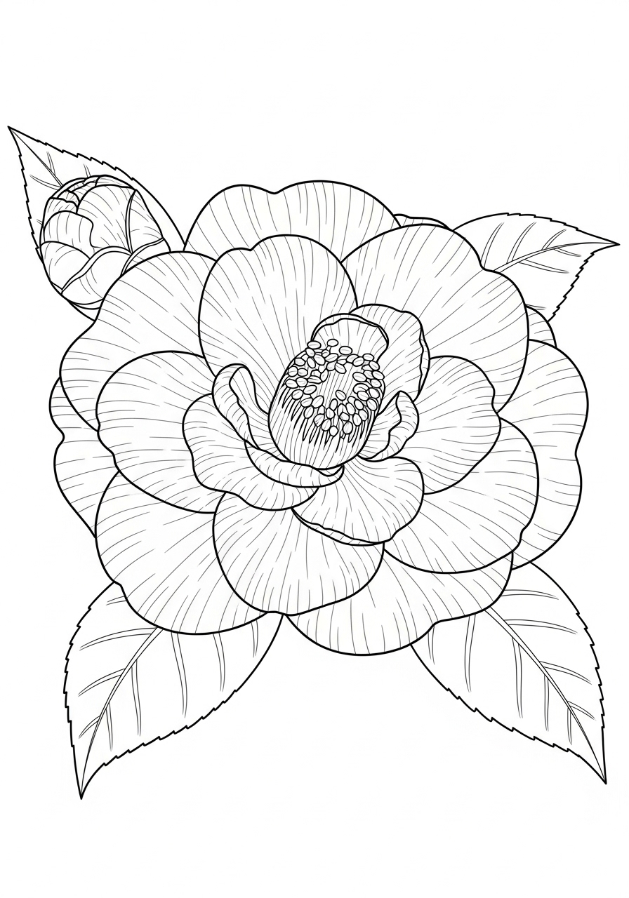 Desenho da Flor Camélia com folhas para imprimir e colorir
