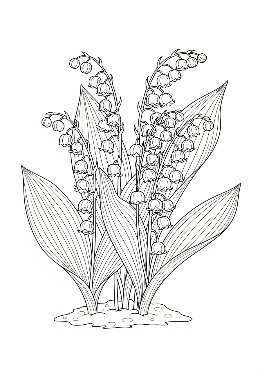 Desenho de Lírios do Vale com folhas para imprimir e colorir