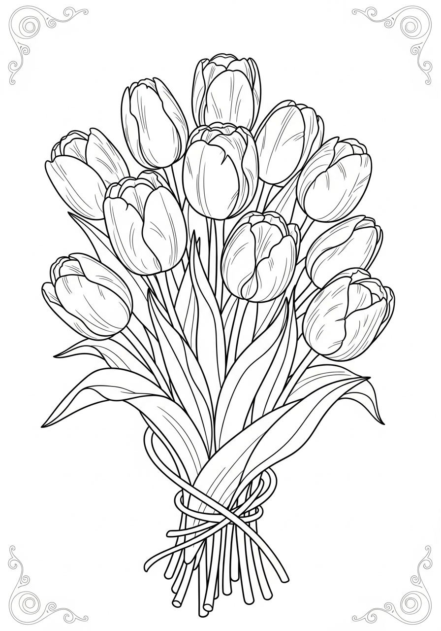 Desenho de bouquet de flores Tulipa para imprimir e colorir