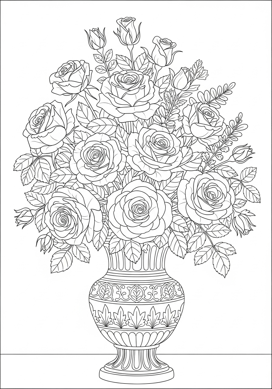 Desenho de buquê de rosas em vaso para imprimir e colorir