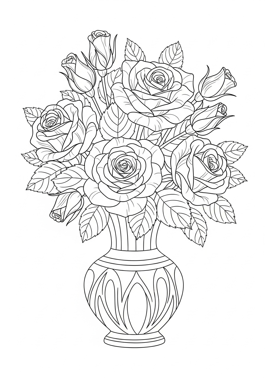 Desenho de Buquê de Rosas em vaso para imprimir e colorir