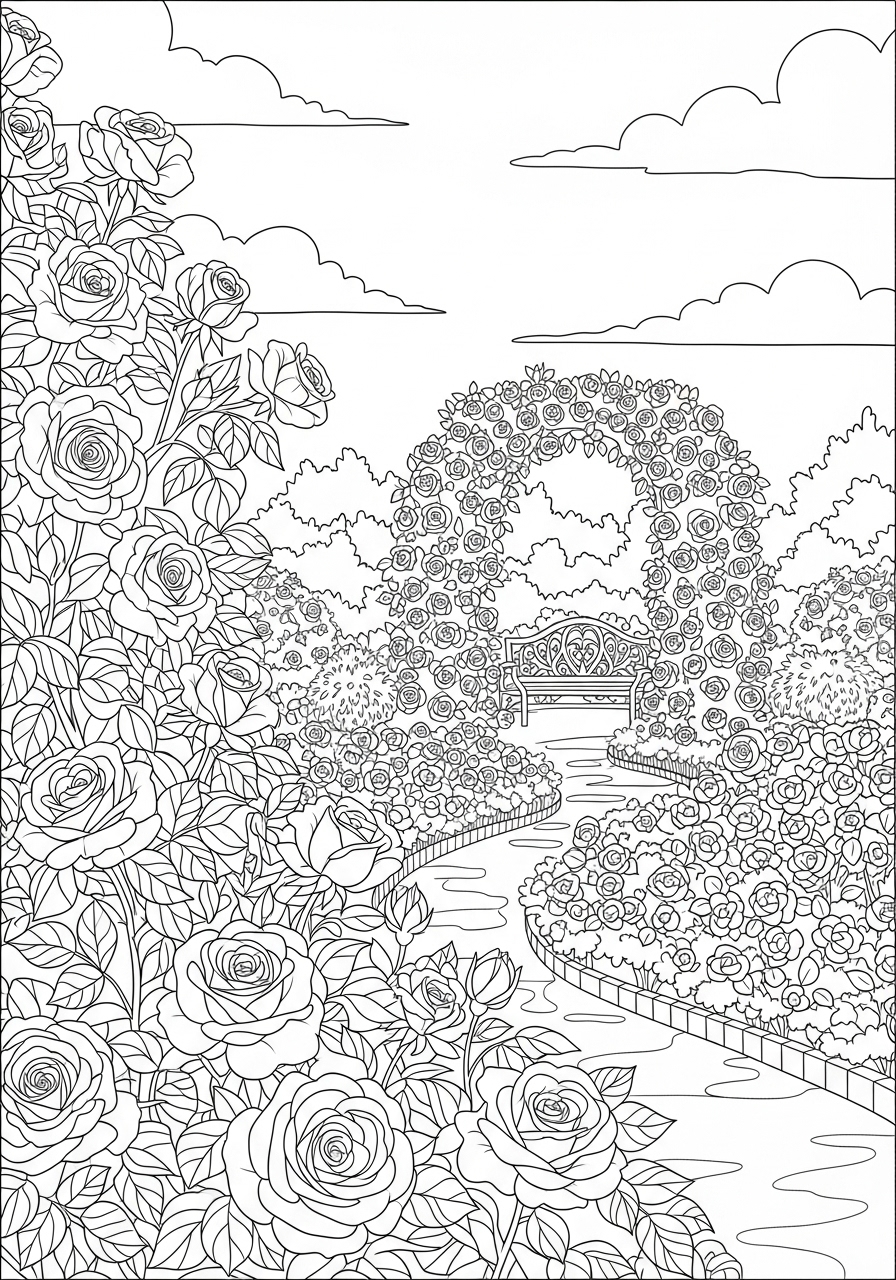 Desenho de Jardim com rosas para imprimir e colorir