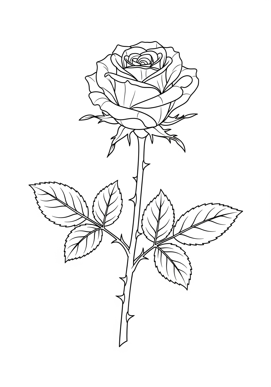 Desenho da Flor Rosa com folhas para imprimir e colorir