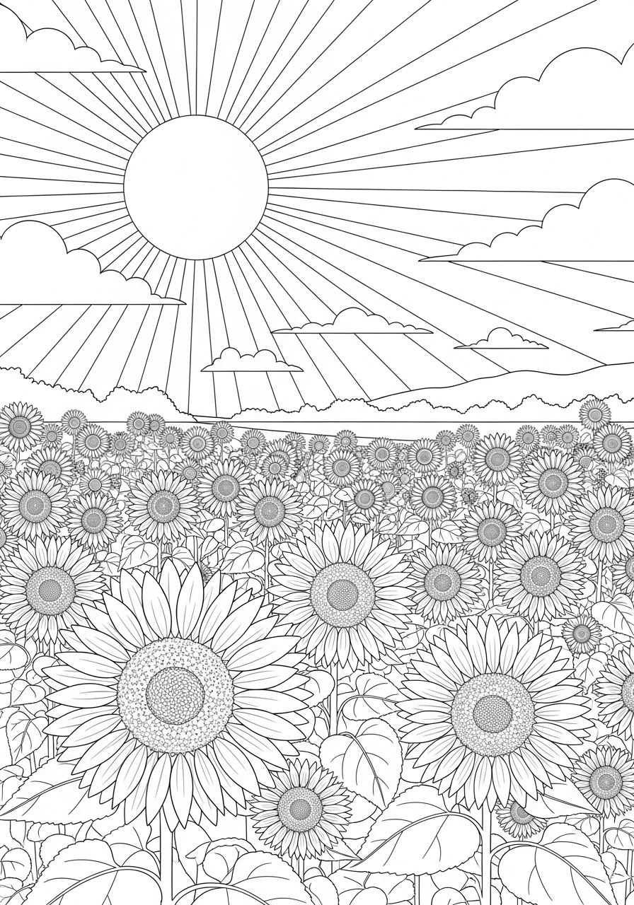Desenho de girassóis em campo com sol e nuvens para colorir
