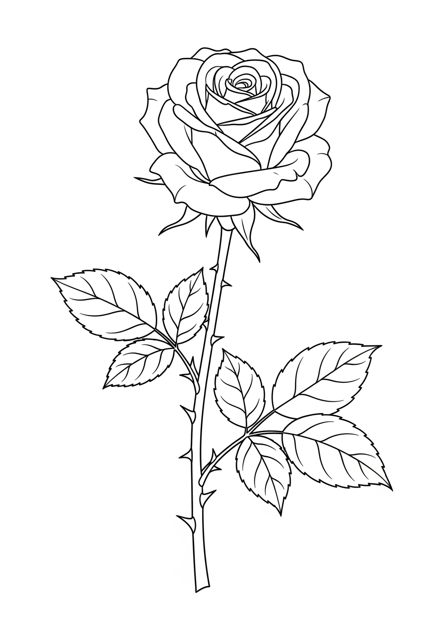Desenho de Flor Rosa com folhas para imprimir e colorir