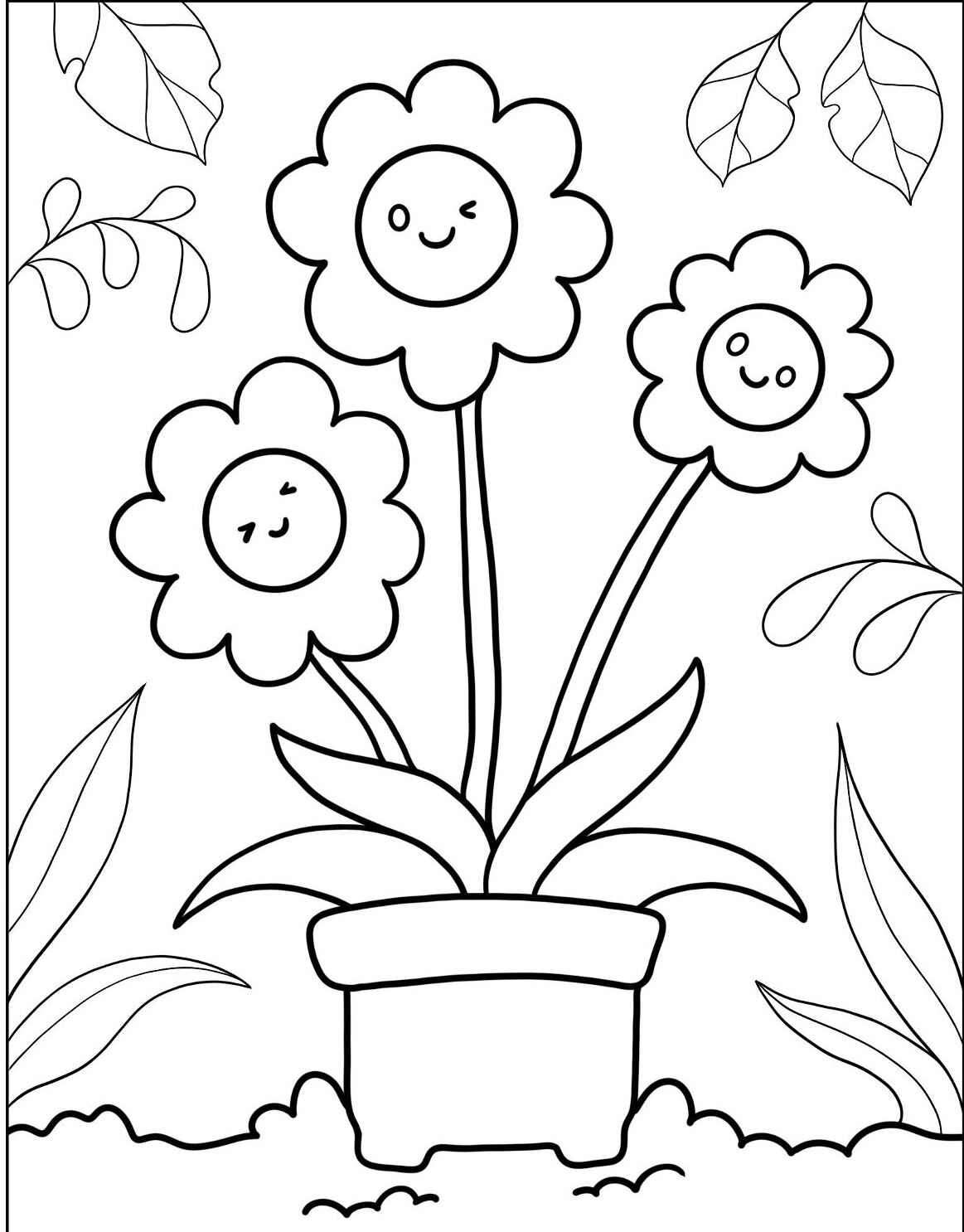 Desenho de flores sorridentes em vaso para imprimir e colorir