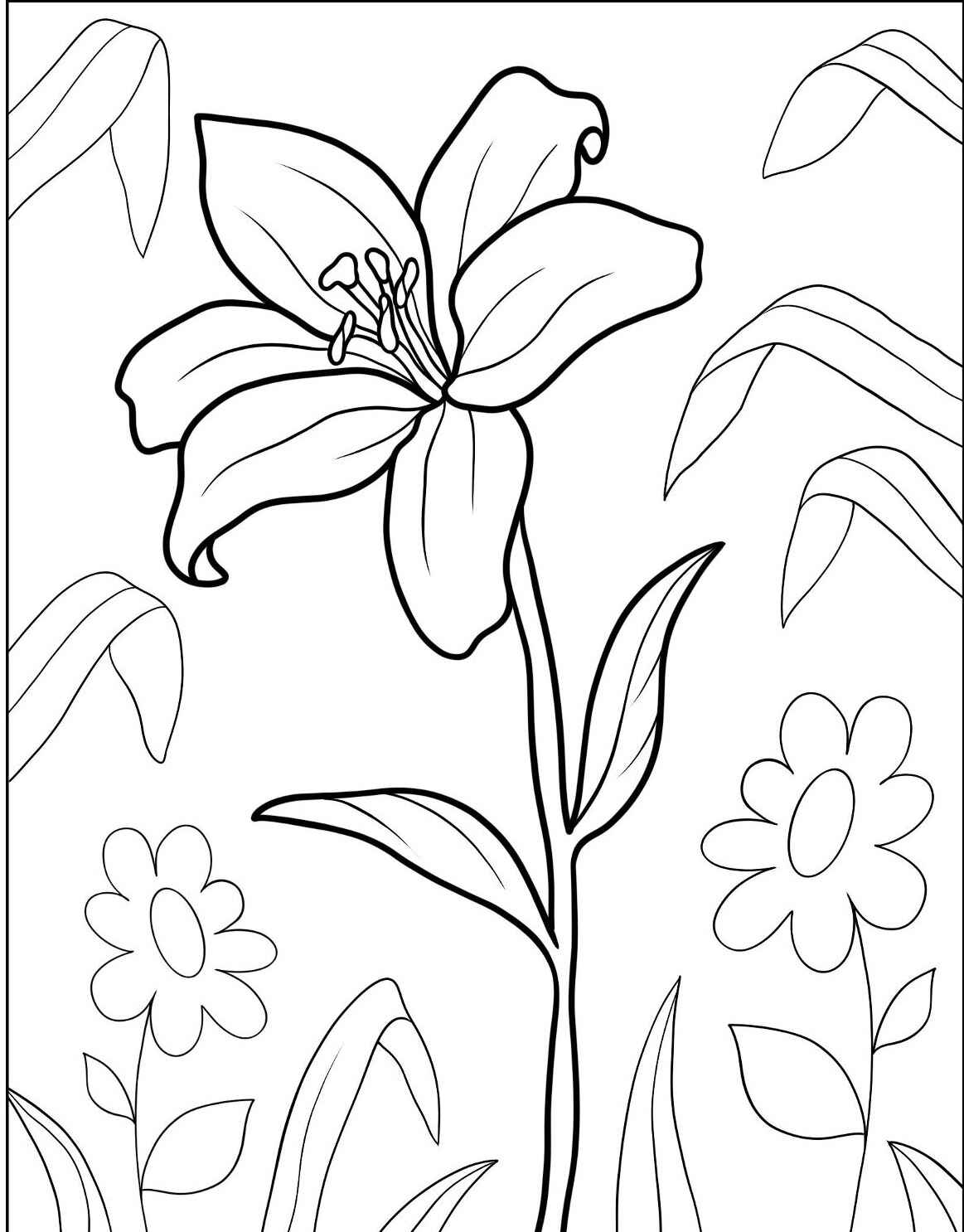 Desenho da Flor Lírio com folhas e flores para colorir