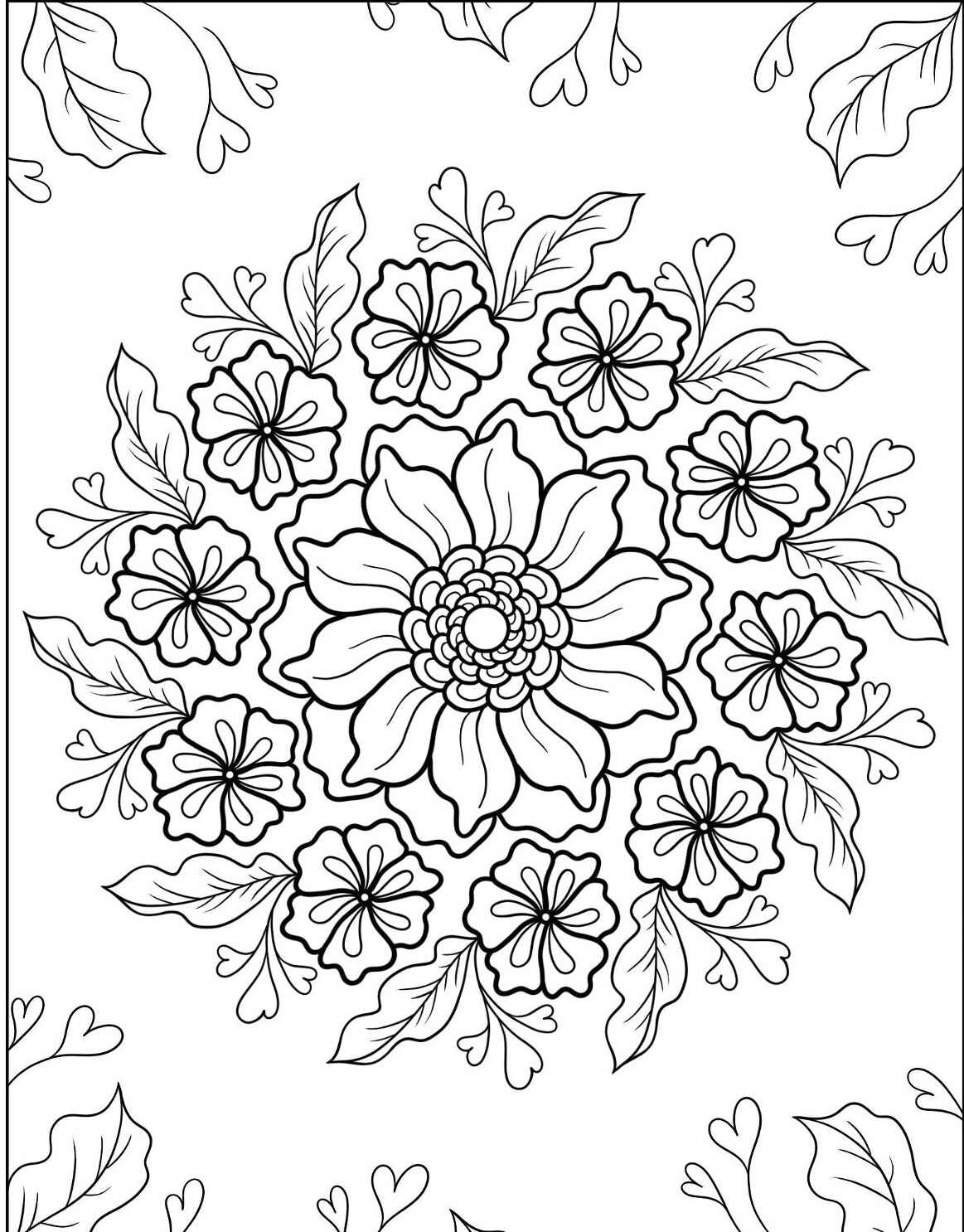 Desenho de flores variadas em padrão para imprimir e colorir